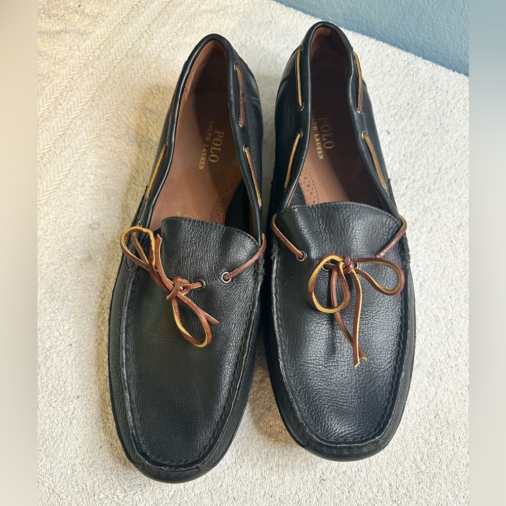 Polo by Ralph Lauren Black Leather Men's Slip-Ons with Brown Accents